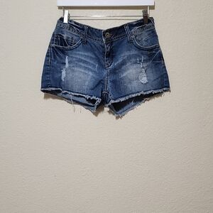Wallflower Blue and White Jean Shorts with Frayed Hem